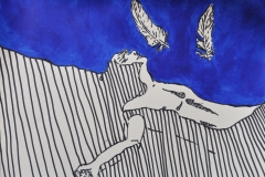 Der Traum der zwei Federn (Filzstift, Acrylfarbe auf Papier, ca. 42 x 29,7 cm)